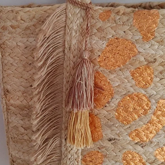 NWT Magid Large Metallic Leopard Print Jute Tote with Fringe and Tassels - Picture 5 of 9